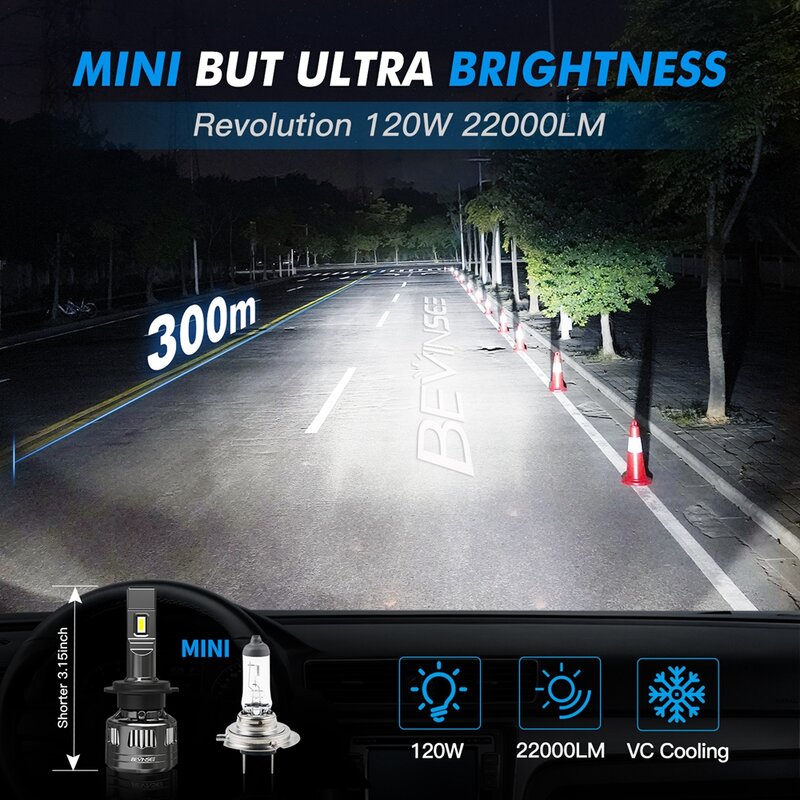 Bevinsee-LED Canbus lâmpada do farol do carro, H4, H7, H11, H1, H3, 9005, HB3, 9006, HB4, H8, 9012, 120W, alta potência, 22000LM, 6000K, V45