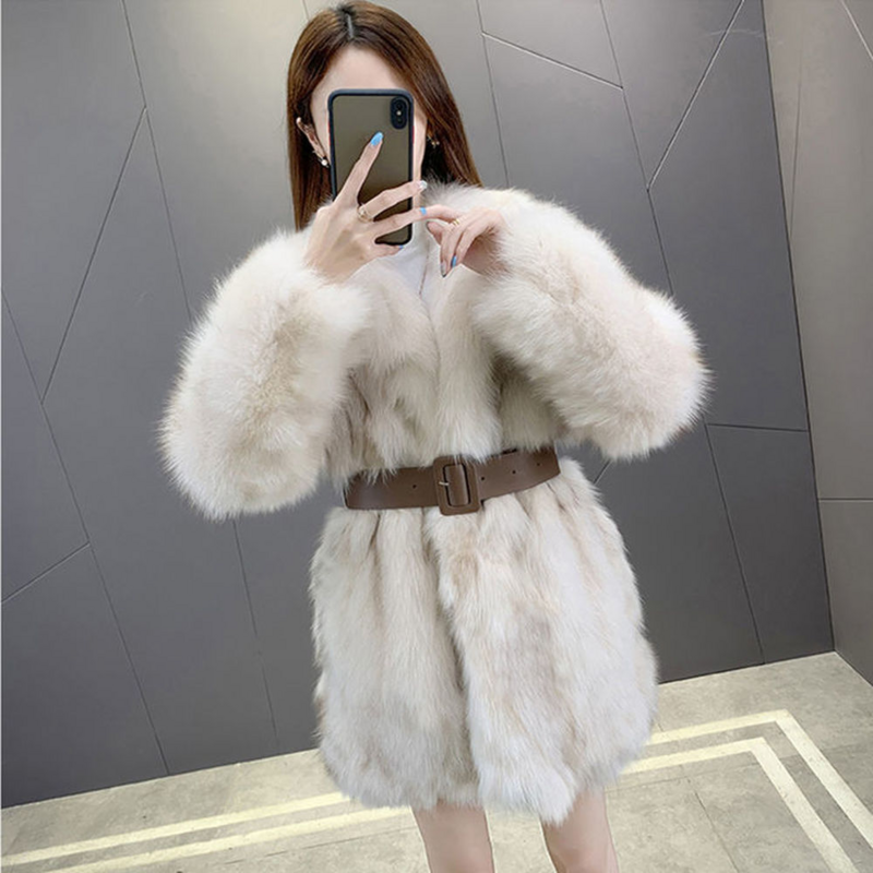 คุณภาพสูง2021ใหม่ฤดูหนาวผู้หญิงเสื้อสีกากี/สีขาว/สีเทา Lace-Up Fur Lace-Up faux Fox ขนสัตว์กลางความยาวเสื้อฤดูใบไม้ร่วง