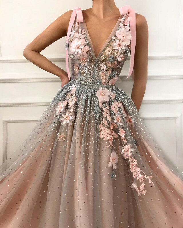 2023 Roze Tulle Kristallen Prom Jurken V-hals Lace Bloemen Kralen Vestidos De Gala Lange Prom Gown Avondjurken Party