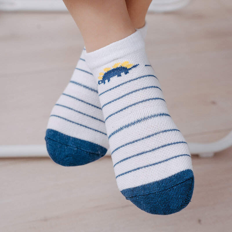 Conjunto de 5 pares/lote de meias de algodão para o bebê, dinossauro, bonito, fino, malha, colorido, para as crianças, novo, primavera, verão