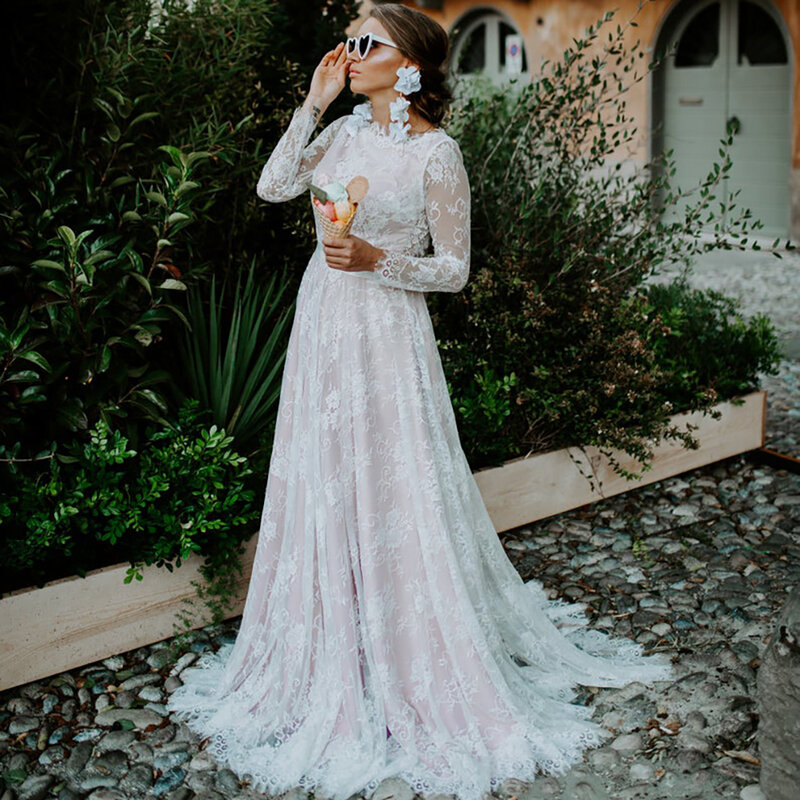 Lace Long Sleeves Beach Wedding Dress 2021 Romantic A Line Long Sash Boat Neck Custom Made Maxi Garden Bridal Gowns Plus Size
