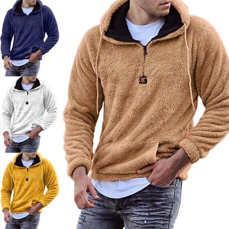 Hoodie masculino de pelúcia manga longa pulôver hoodie outono inverno bolso frontal quente com capuz moletom outerwear