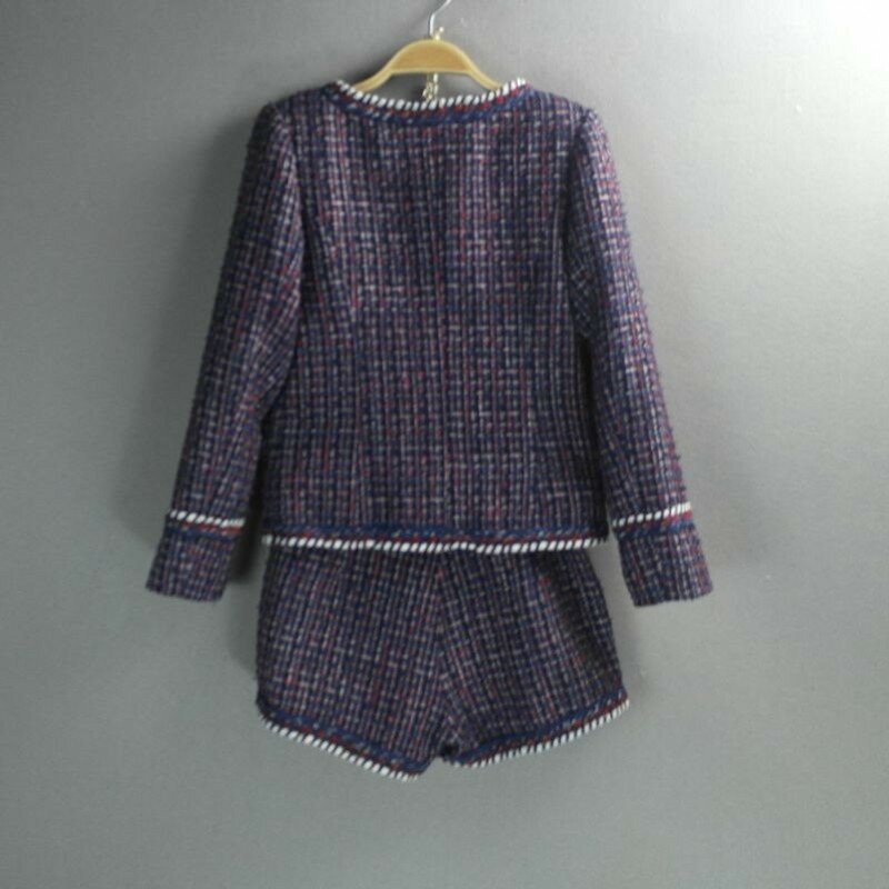 Viola delle donne due pezzi abiti di marca delle donne Tweed giacca Shorts Set femminile o-collo cappotto piccole fragranze giacche tessuto vestito da donna