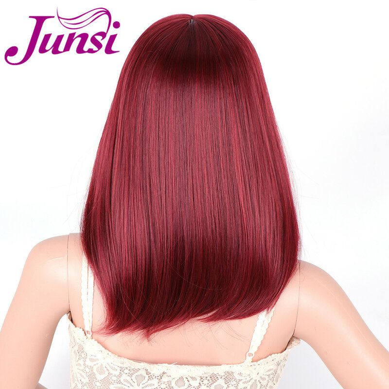 Peluca sintética roja JUNSI de 16 pulgadas para mujer, peluca recta de pelo de longitud media, peluca de pelo Bobo