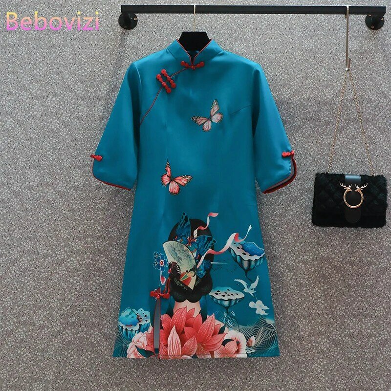 Женское ТРАПЕЦИЕВИДНОЕ ПЛАТЬЕ-Ципао, голубое летнее модное современное платье в уличном стиле, традиционная китайская одежда, 2022