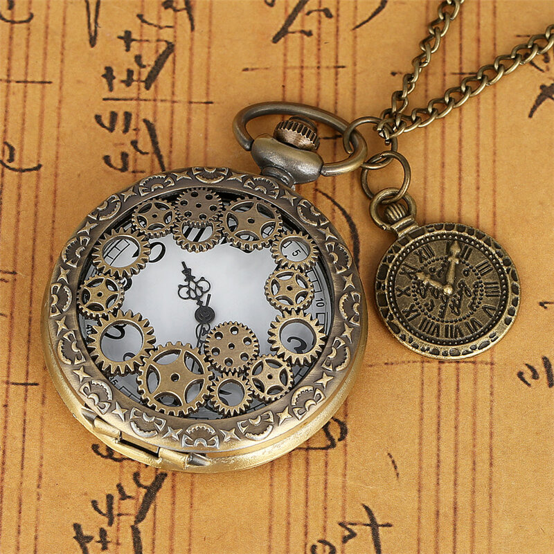 Montre de poche demi-chasseur avec roue dentée, collier en Bronze Antique avec pendentif, bijoux, cadeau pour hommes, femmes et enfants