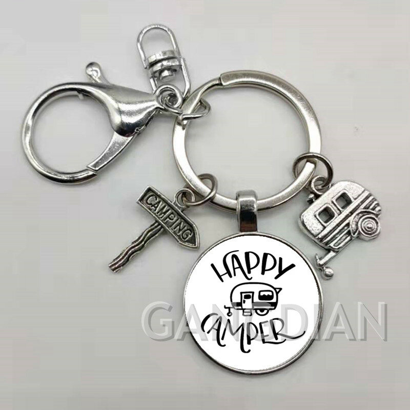 HAPPY CAMPER caravan campsite key chain trailer outdoor natural scenery key ring souvenirs, summer vacation travel DIY keychain