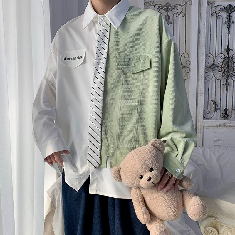 Осенние Рубашки с длинным рукавом, мужские блузки с имитацией двух частей, в стиле пэчворк, с галстуком, модная Корейская мужская рубашка на пуговицах, 2021