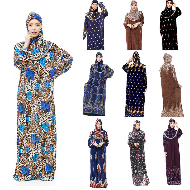 Miễn Phí Vận Chuyển Ren Hoa Áo Thun Chui Đầu Cầu Nguyện Hồi Giáo Tọa Độ Hồi Giáo Trang Phục RAMADAN Thờ HIJAB ADN Váy Cùng Nhau Cho Nữ