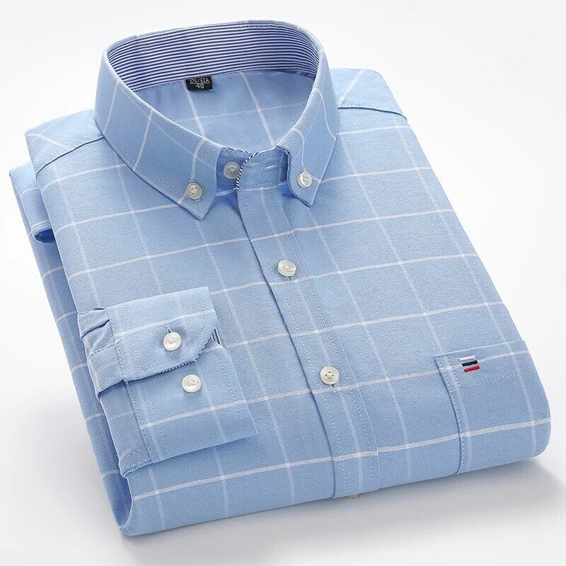Camisas a rayas para Hombre, Camisas informales de manga larga, 100% algodón, Oxford, a cuadros, de Color sólido, para negocios, uso diario