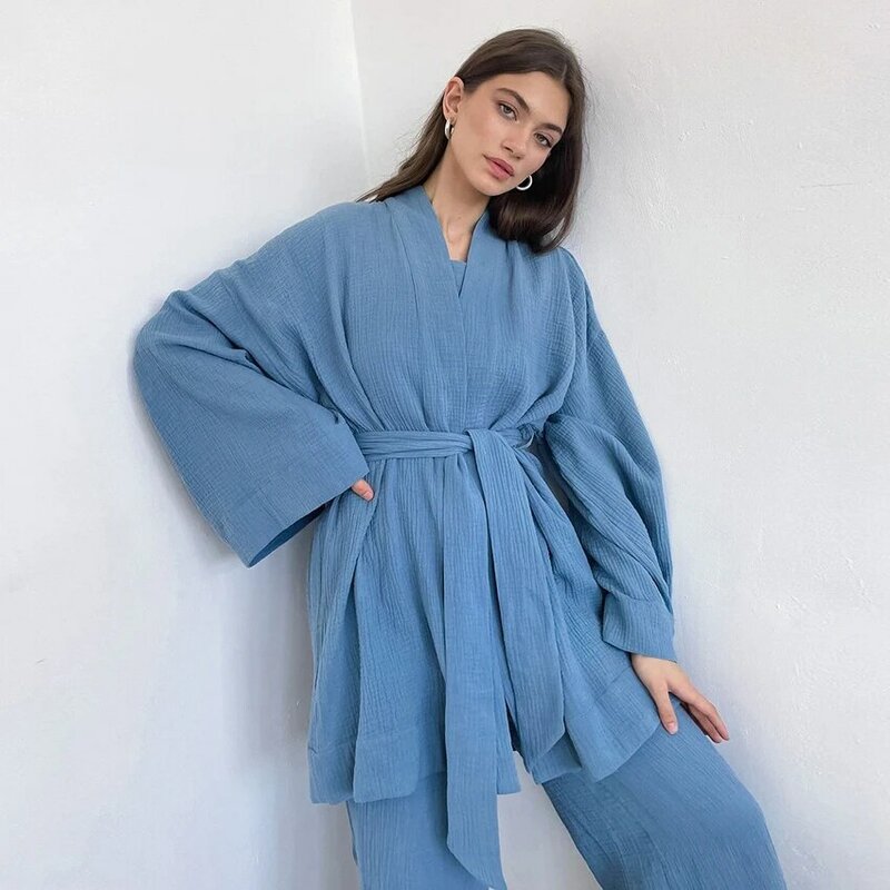 Hiloc Cotton Sleepwear Women Pajama Robe Sets Flare Sleeve Nightgown Set Woman 2 Pieces Robes Woman Lace Up Casual Trouser Suits
