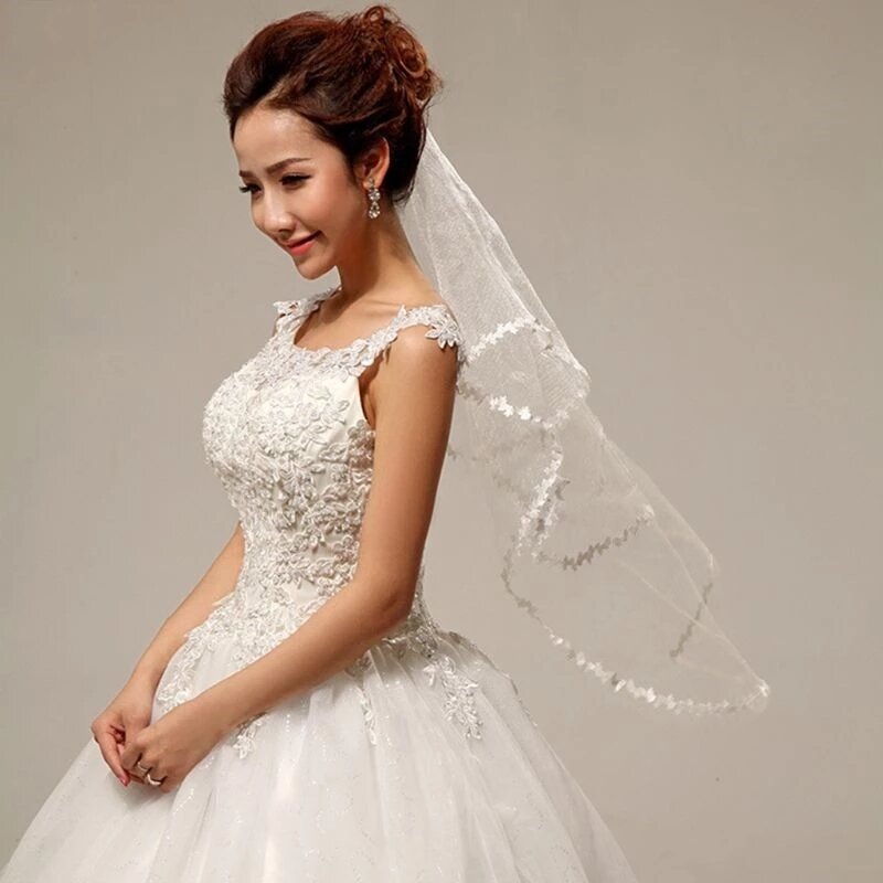 Pencil Edge Bridal One Layer Cathedral Short Wedding Veil Appliques Tulle Wedding Accessories