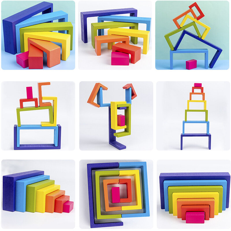 木のおもちゃdiyの組み立て家虹ビルディングブロックセット子供モンテッソーリ早期学習積み重ねバランス知育玩具