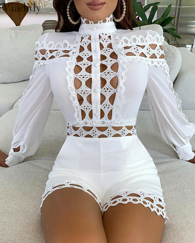 Lace Patchwork Long Sleeve Hollow Out Playsuits White Black Women Regular Rompers