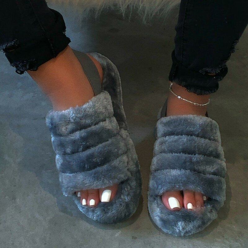 Women Furry Fur Slides Indoor Home Slippers Woman Fluffy Flip Flops Ladies Home Shoes Female Flats Shoes Chanclas Mujer 2020