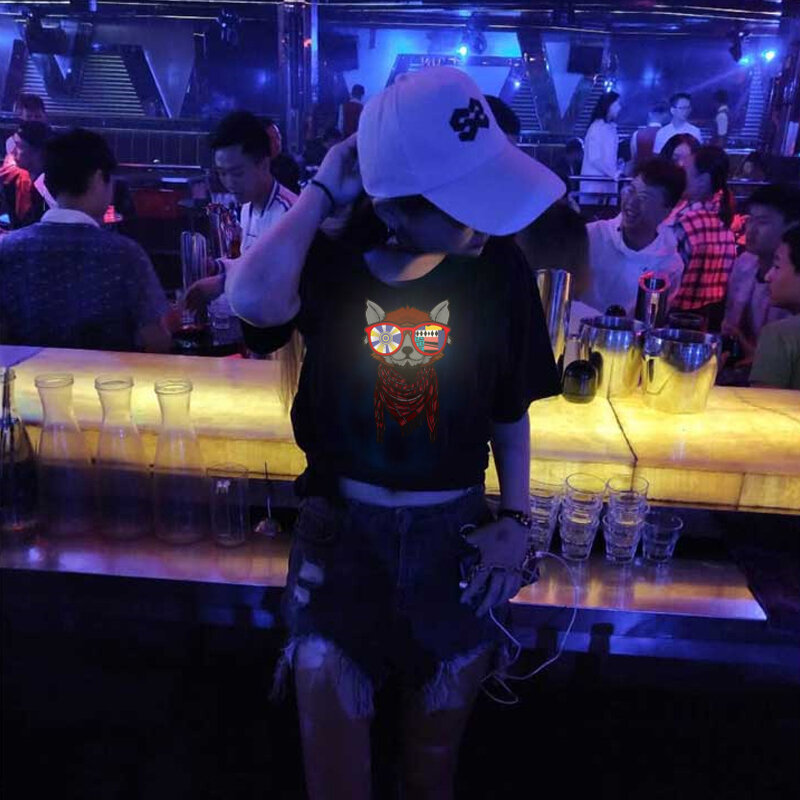 Panda Rojo luz LED Electro luminiscente EL sonido activado Control acústico resplandor camiseta iluminar ecualizador ropa para fiesta