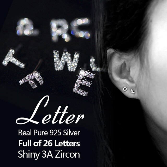 925 Sterling Silver anting-anting huruf inisial untuk wanita A-Z zirkon kubik bertatahkan mikro 26 huruf anting-anting kancing perhiasan bagus