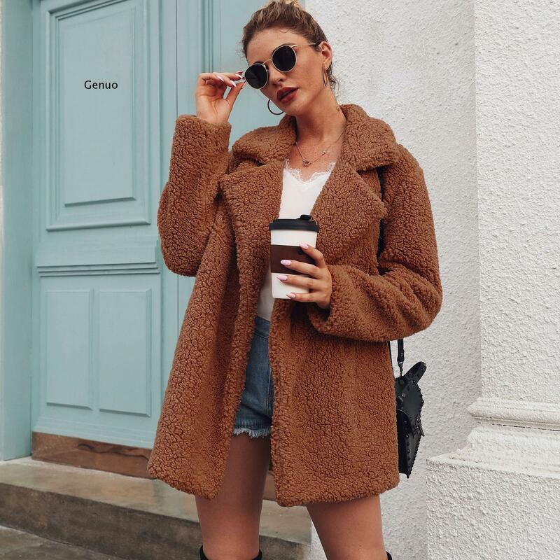 따뜻한 라펠 인조 모피 루즈핏 롱 테디 코트 및 재킷 여성용, 3XL, 겨울