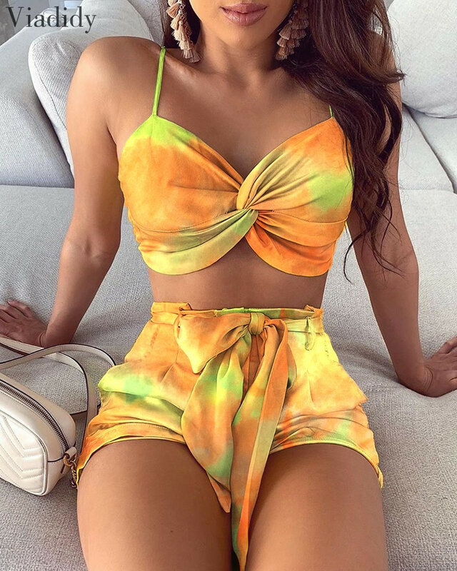Women Spaghetti Strap Crop Top and Shorts Set Print Sleeveless Two Piece Suit Set