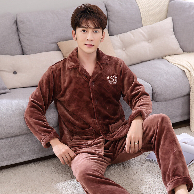 Pijamas de lapela com botões masculinos, conjuntos de pijama casual de flanela, roupas domésticas grossas e quentes, lingerie íntima, inverno, 2 peças