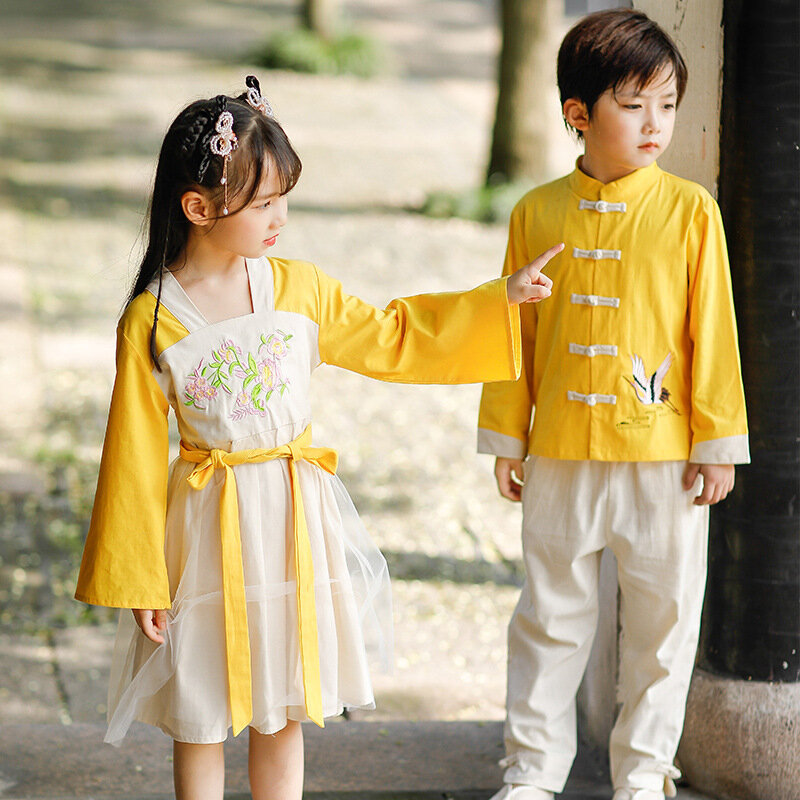 Осенний Китайский милый костюм Тан для мальчиков с хлопковой вышивкой традиционные костюмы для выступлений для девочек фотография древнее...