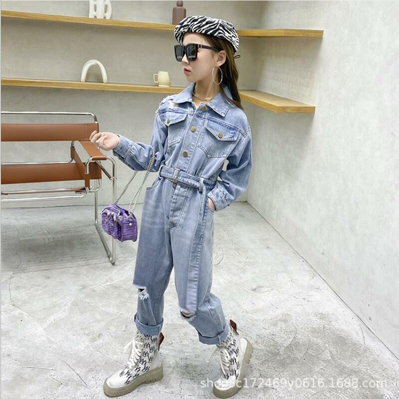 Children denim fashion hole jumpsuits 2021 spring autumn new loose pants baby girl and boys overalls teedage clothing ws1989