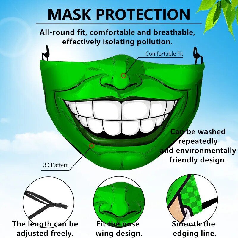 Mascarilla facial 3D con filtro PM2.5 para adultos, máscara de payaso lavable y reutilizable para halloween, 1 y 2 unidades