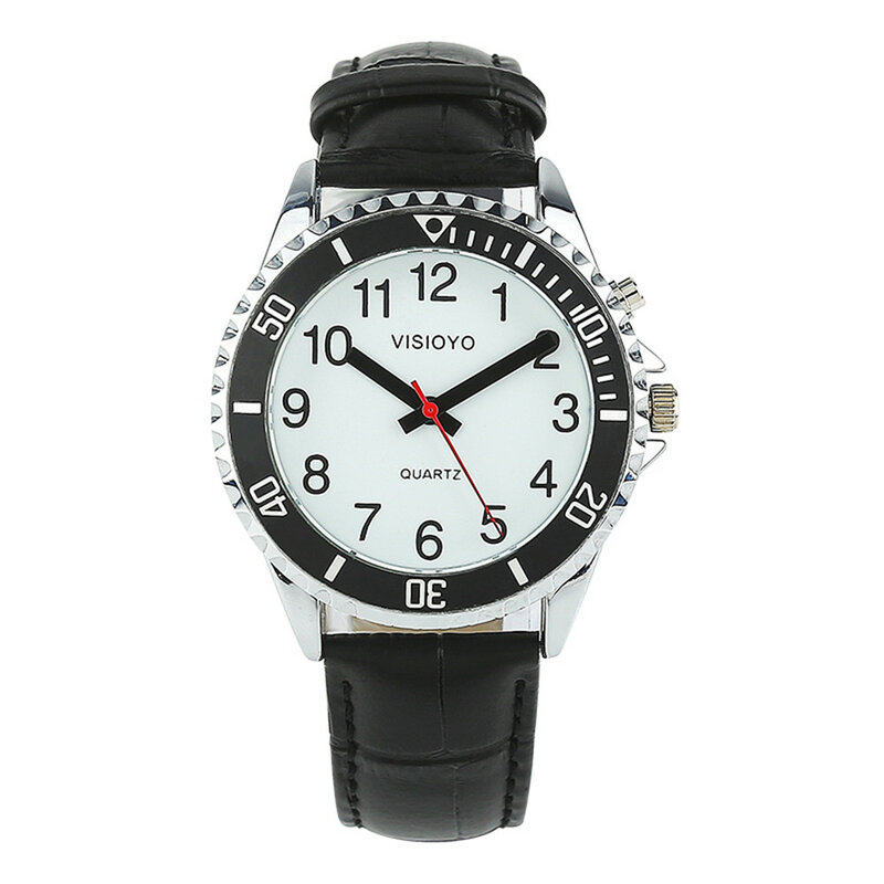 French Talking Watch,Talking Date and Time,Black Leather Strap TFBW-1501