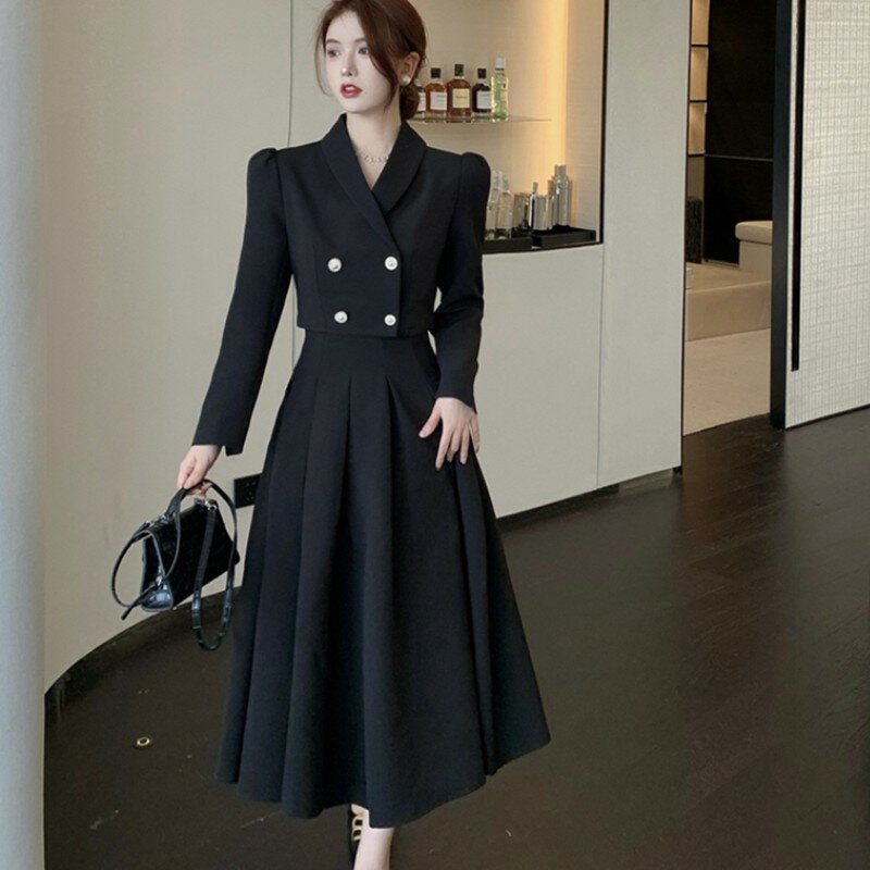Chaqueta corta de manga larga para mujer, traje elegante de 2 piezas con Falda plisada larga de cintura alta, color negro
