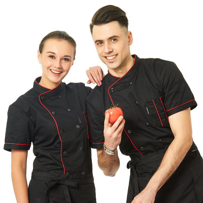 Рубашка с коротким рукавом, красная, унисекс, для кухни, униформа для гостиничного шеф-повара, пекарня, обслуживание, повара, дышащая двубортная куртка шеф-повара