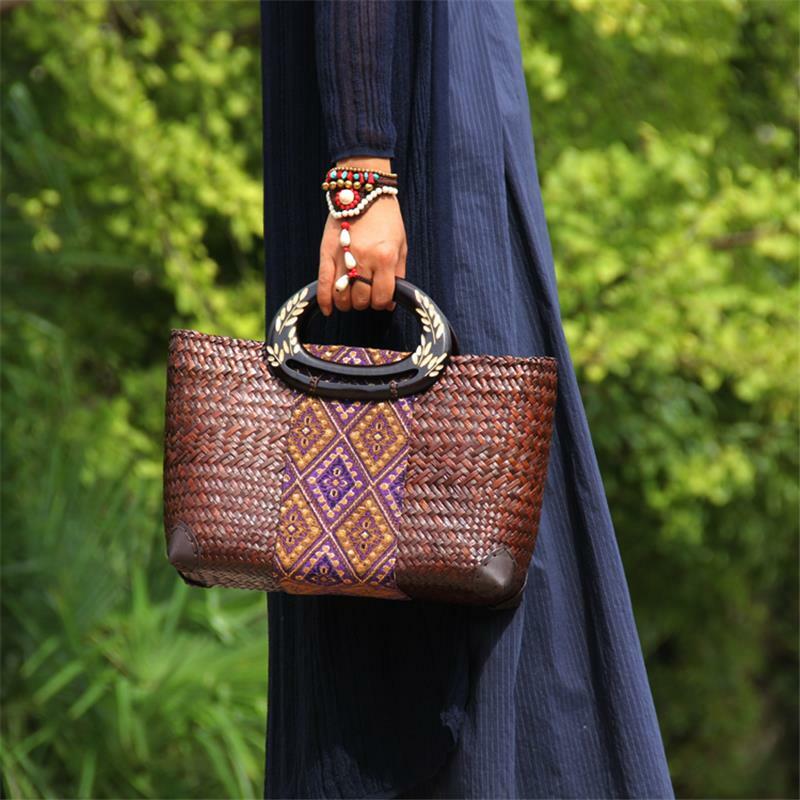 35x21CM Vintage Handmade Straw Bag Thai Rattan Straw Bag Seaside Vacation Beach Bag Woven Women Handbag a6108