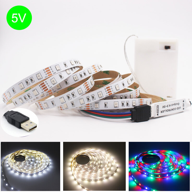 Bande lumineuse LED RGB flexible alimentée par pile 3AA, ruban d'éclairage blanc chaud, rétroéclairage, 2835 SMD, 1m, 2m, 3m, 4m, 5m, 50cm, 5V
