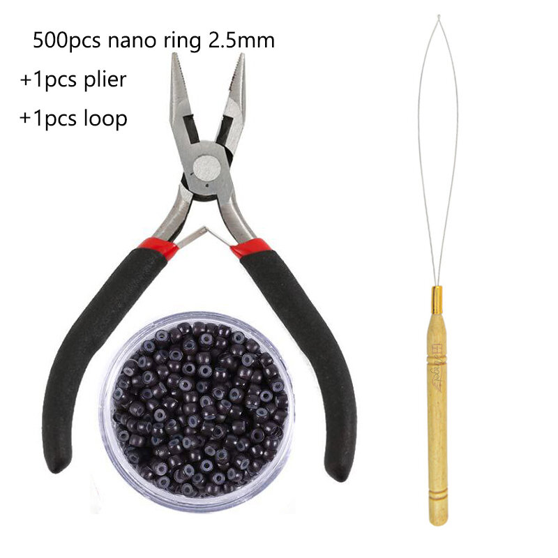 Силиконовые нано-кольца 2,5 мм, 500 шт., бусины для волос, микроберд, инструменты для наращивания волос, плоскогубцы и игла для вытягивания волос