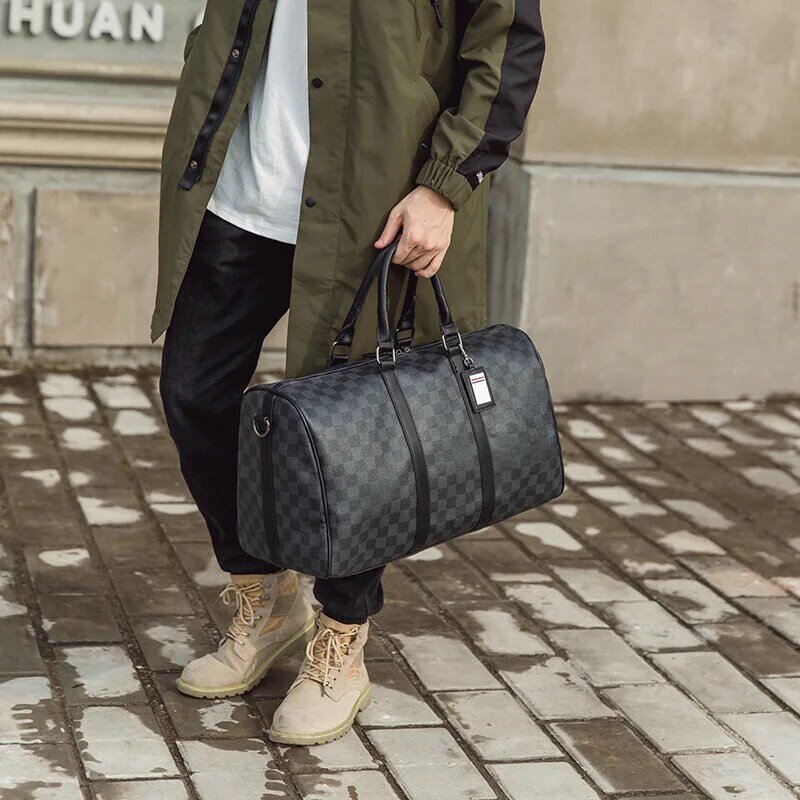 New Plaid Large Leather Travel Bag Men Handbag Crossbody Shoulder Bags Luxury Classic Fashion