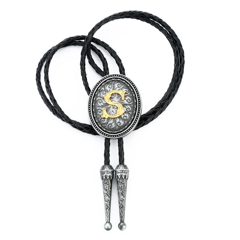 New man bolo tie zinc alloy leather collar rope wedding high-end gift retro pattern surname initials
