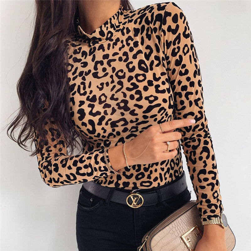 Women Autumn Winter Top Leopard Print Basic T Shirt Elegant Long Sleeve Turtle Neck Tee Shirt Femme Ladies Tshirt Streetwear
