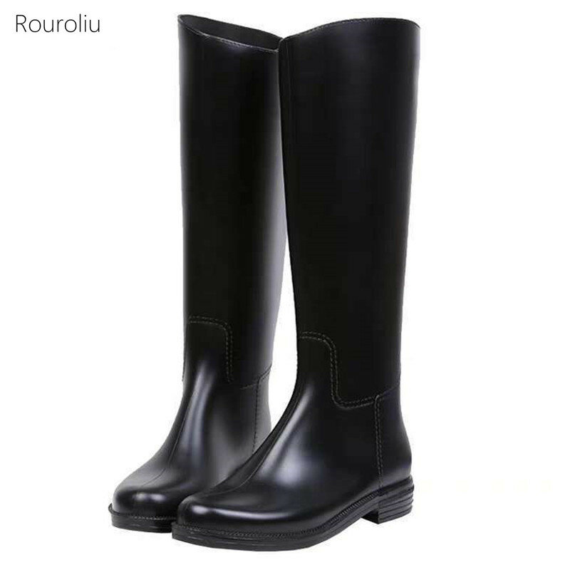 2021 موضة جديدة الركبة عالية احذية المطر النساء الخريف مقاوم للماء دراجة نارية الأحذية الإناث الانزلاق على أحذية المطر الأسود