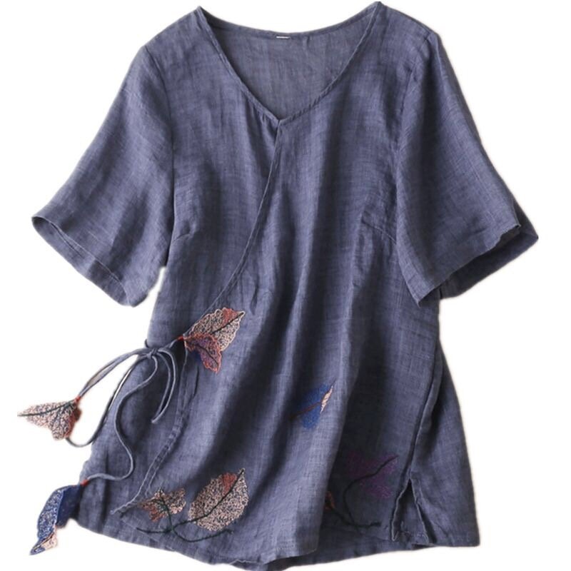 女性のためのレトロな刺繍が施されたリネンとコットンのシャツ,夏のノベルティ,ルーズフィット,ラージサイズ,不規則なシャツ,送料無料,2002