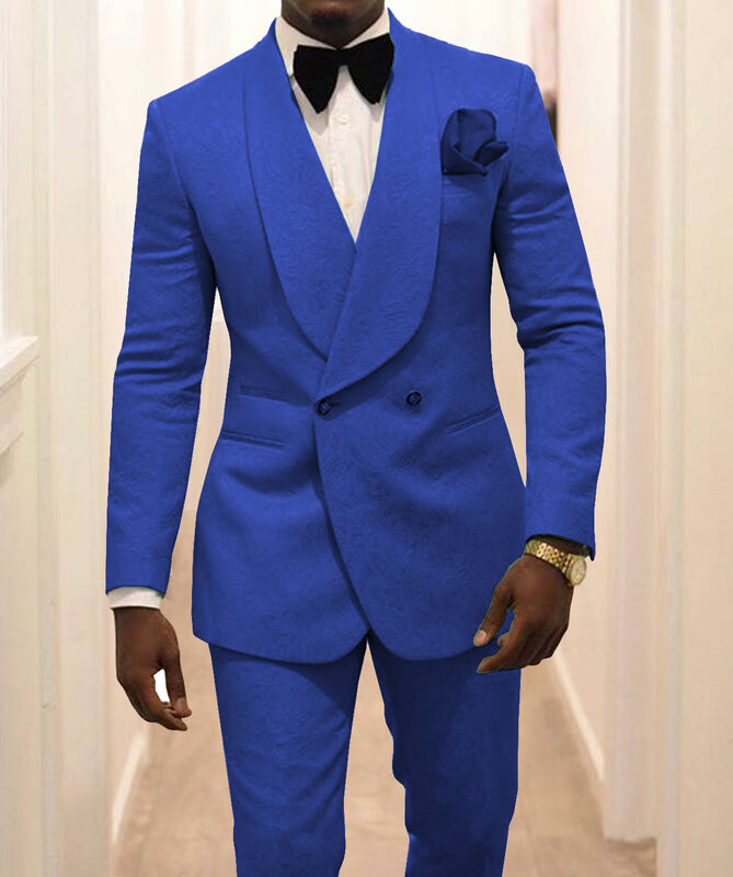Costume 2 pièces pour homme, blanc/bleu/bleu Royal, motif Floral, Jacquard, Tuxedos, châle, revers, costume pour mariage (veste + pantalon)