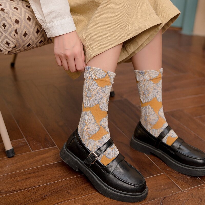 Винтажные Короткие хлопковые носки с цветочным принтом, женские японские жаккардовые черные носки Harajuku, зеленые, оранжевые, желтые, темно-синие модные женские носки Sox