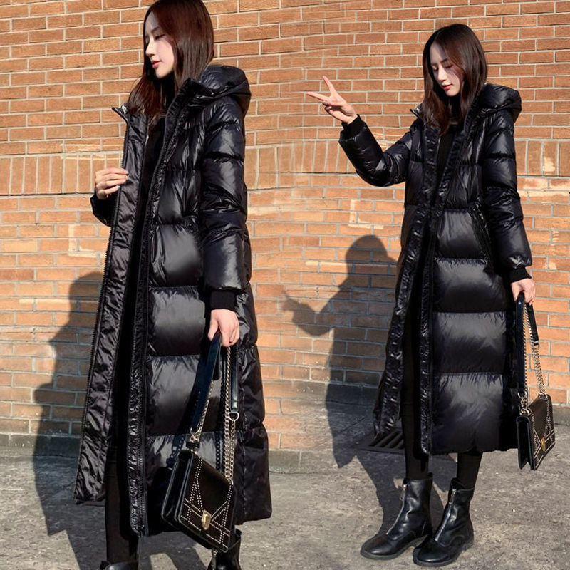 Черная глянцевая парка, Женское пальто 2023, модная Утепленная зимняя свободная длинная куртка с капюшоном, Женская ветрозащитная непромокаемая теплая верхняя одежда