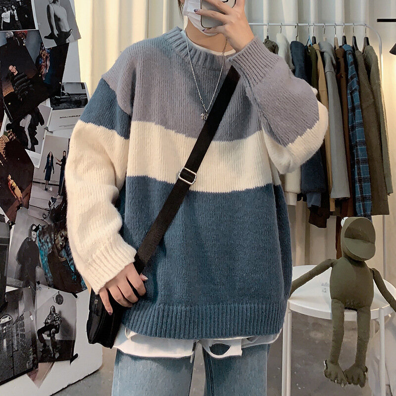 Men's O-neck Cotton Jumper Autumn Winter Sapcious Warm Comfortable Patchwork Long Sleeve Clothes Knitted Casual Male Sweater