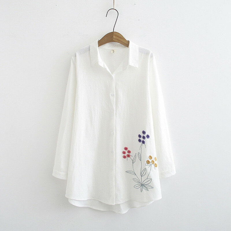 Новый Женский Повседневный Топ плюс размер 4XL вышивка хлопковая рубашка Топ Женская весенне-летняя однобортная блуза с длинным рукавом LM234