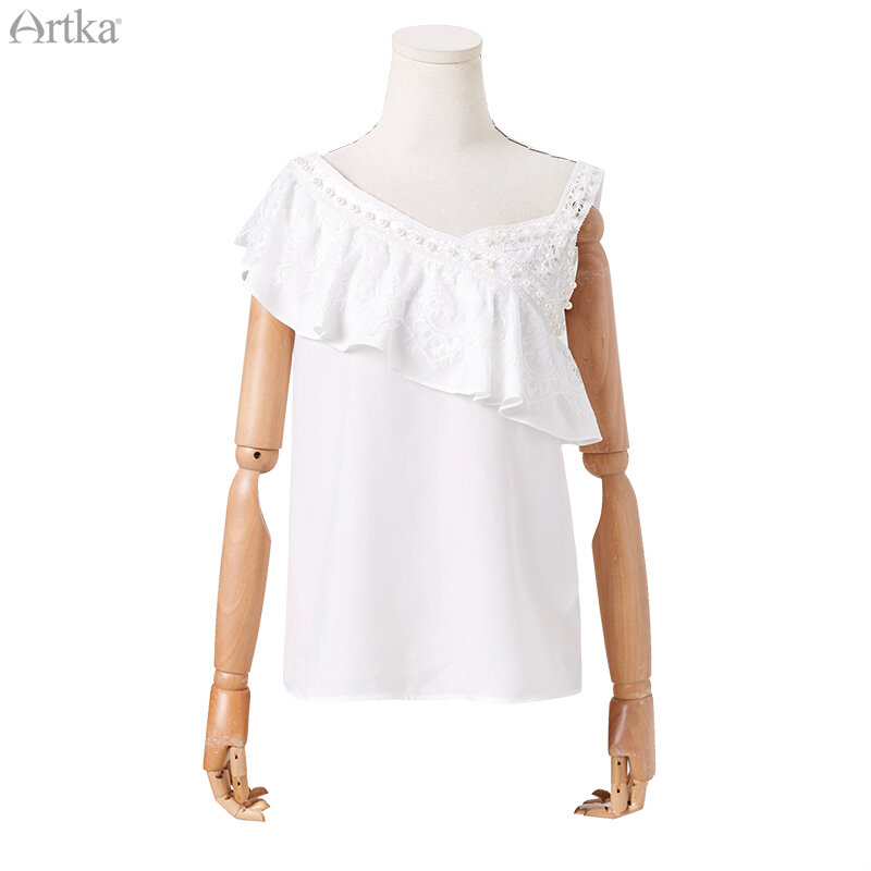 Camisa feminina primavera verão artka, elegante, plissada, renda, gola skew, design de contas, camisetas ba25004x