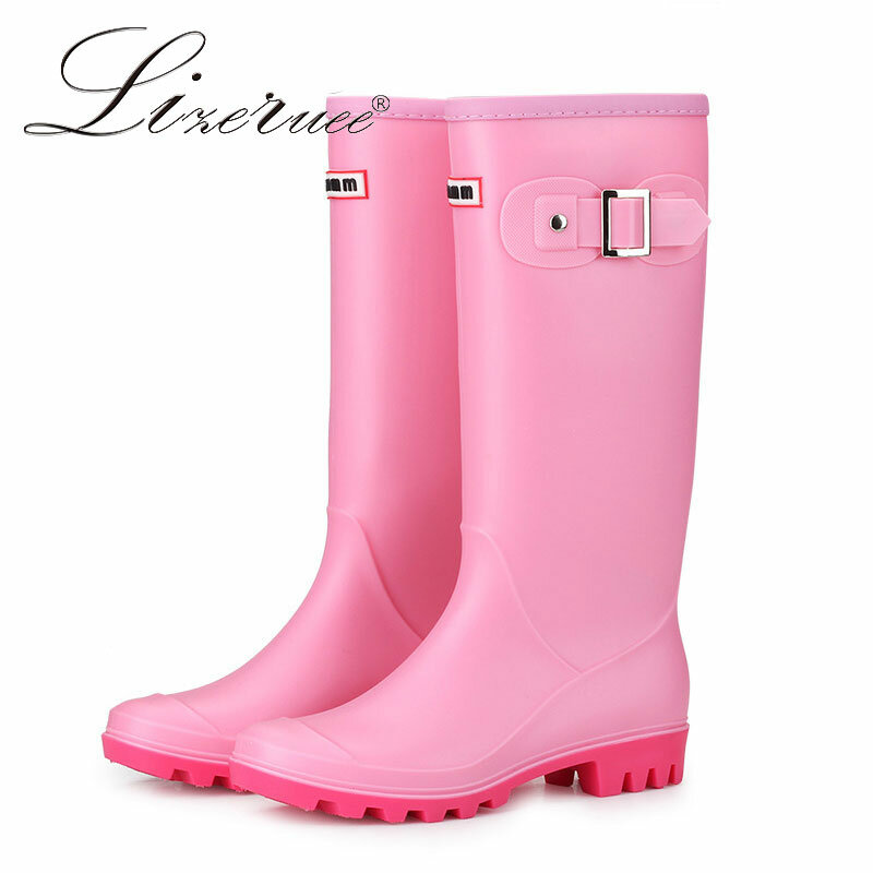 Outdoor Rubber Water shoes Women's Pure Color Rain Boots For FemalePunk Style Pink Rain Boots  36-41 Plus size