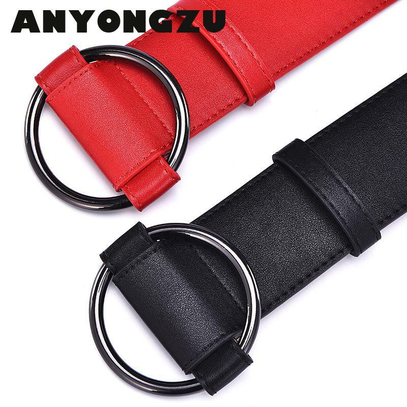 Cinturón ancho con hebilla redonda para mujer, cubierta de cintura de cuero, negro y rojo, sellado de cintura suave de alta calidad