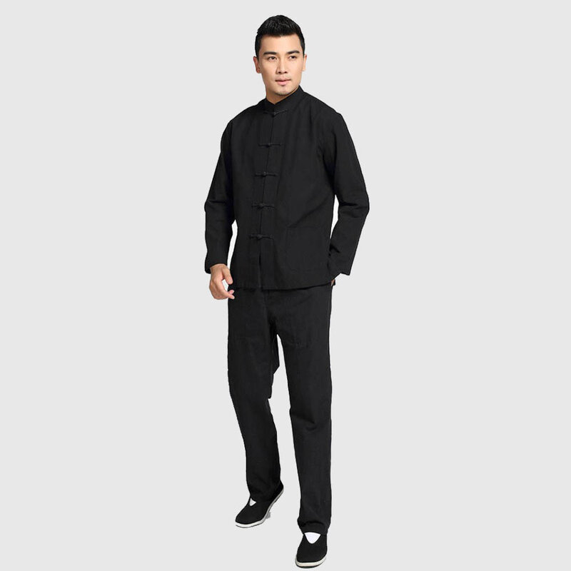 Giacca e pantaloni di alta qualità abito da uomo Kung Fu solido cinese 100% cotone sciolto Wu Shu Tai Chi set nuovo blu navy