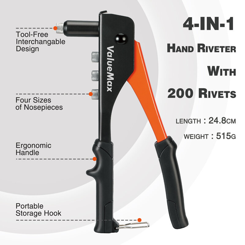 Valuemax mão rebitador conjunto manual profissional arma de rebite ferramenta para reparo em casa e diy com 200 rebites 2.4mm 3.2mm 4.0mm 4.8mm