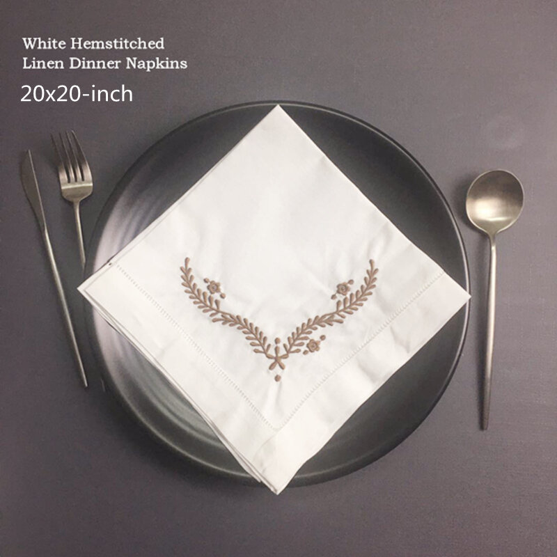 Conjunto de 12 lenços guardanapos de jantar hemstitched fronteira branco linho faabric pano guardanapo de mesa bordado floral 20x20-inch