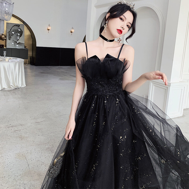 Black Evening Dress Women Spaghetti Strap Backless Tulle Long Banquet Dresses Elegant Female Formal Gowns A247